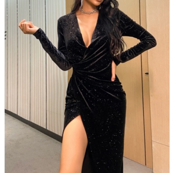 Luxe party wedding formal evening wrap glitter velvet dress - Picture 1 of 5